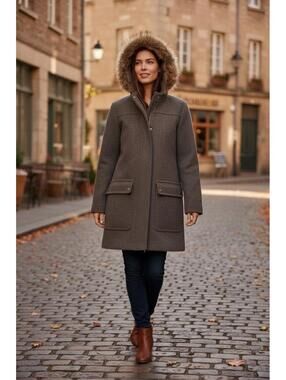 J.Crew Mercantile Women's Wool Blend Faux Fur Hooded Jacket Coat Parka Size 10